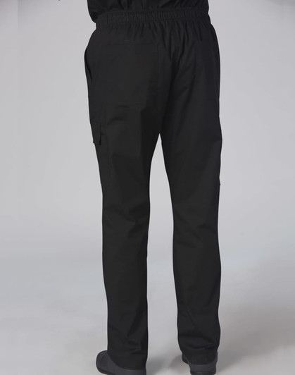 Men's functional chef pants in black, featuring a relaxed fit and side pockets, displayed from the back.