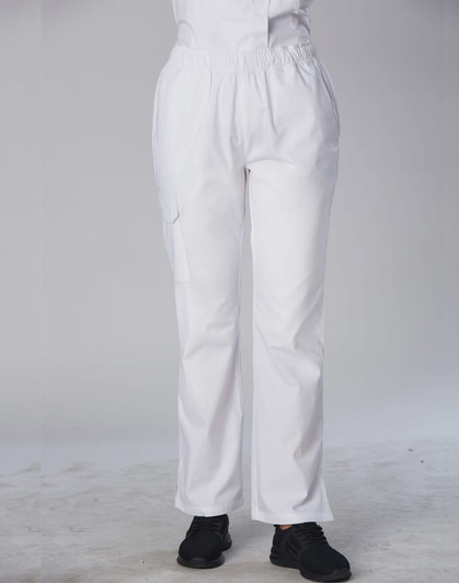 Ladies' functional chef pants in white, featuring an elastic waistband and a side pocket.