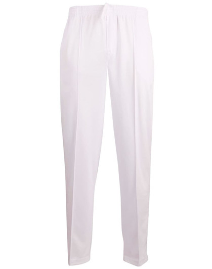 White men's cricket pants with an elastic waistband and a logo on the front.