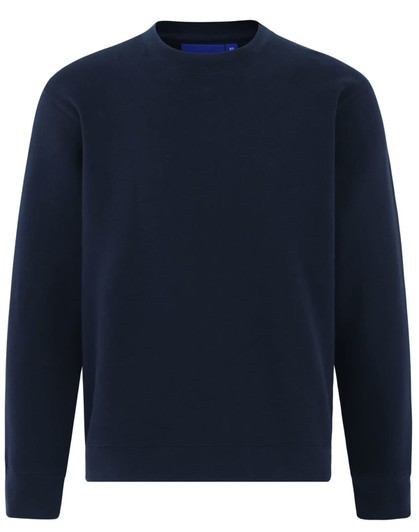A navy blue crew neck fleecy sweater featuring long sleeves and a ribbed hem, with a logo on the front.
