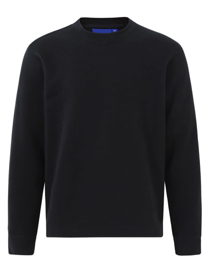 A black kids' crew neck fleecy sweater with long sleeves and a simple design. It features a logo on the label.