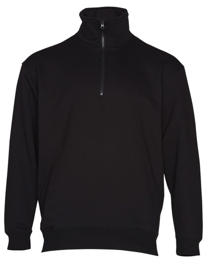 A black 1/2 zip collar polar fleece jumper featuring a high neck and long sleeves, with a logo on the front.