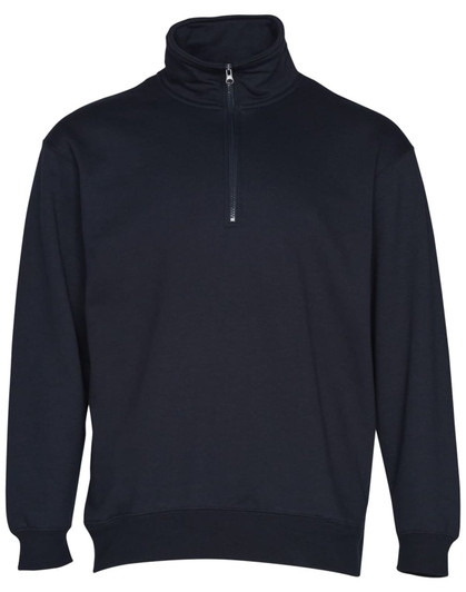 A dark navy 1/2 zip collar fleecy jumper featuring a zip and cuffs. It has a simple design and a logo.