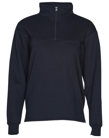 A navy fleecy sweat with a half zip collar and long sleeves, featuring a branding logo.