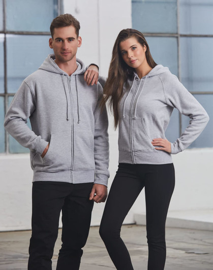A grey men's full-zip fleecy hoodie displayed on a male and female model, with the hood up. The hoodie features a logo.