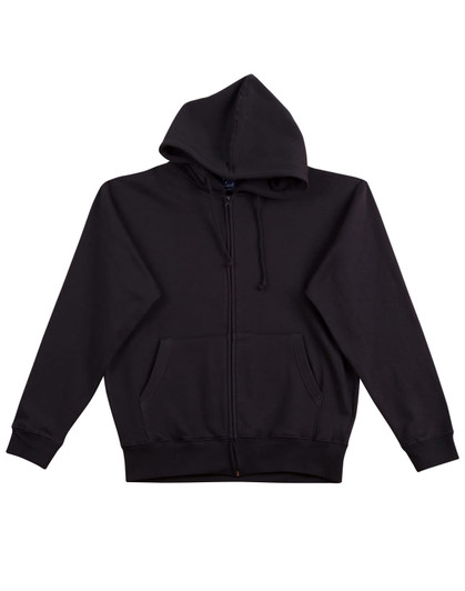 A men's full-zip fleecy hoodie in black with a hood and front pockets. It features a logo on the garment.