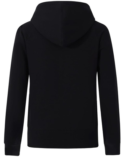 A black full-zip fleecy hoodie featuring a hood and ribbed cuffs. Includes a logo on the back.