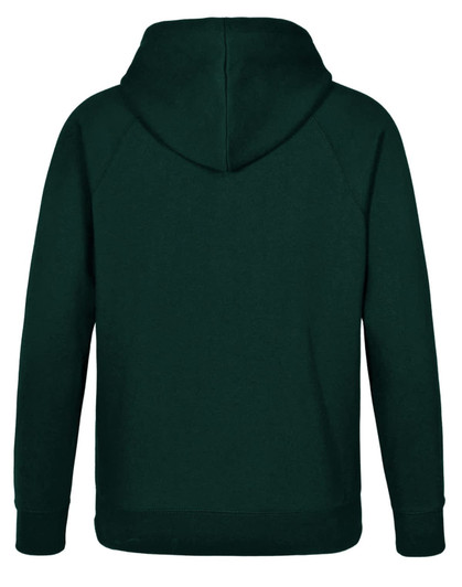 A dark green men's fleecy hoodie featuring a hood and long sleeves, with a plain back and a logo.