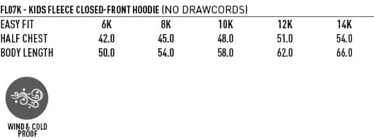 A kids' fleece hoodie in various sizes, featuring a logo and designed for warmth and comfort.