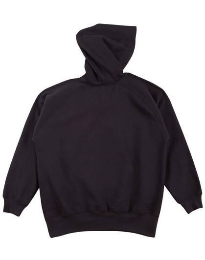 A black kids' fleece hoodie with a hood and raglan sleeves, featuring a plain back and ribbed cuffs.