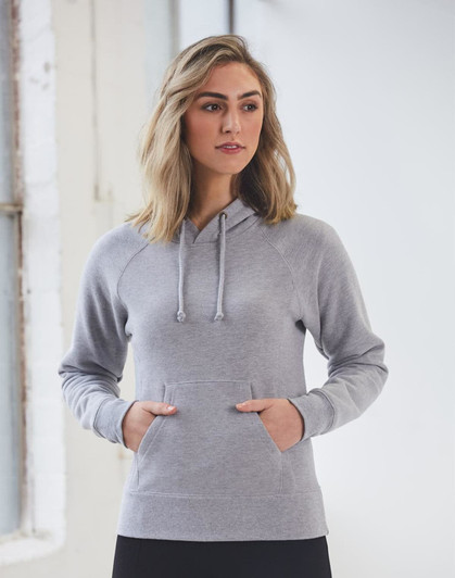 A light grey ladies' fleece hoodie with a front pocket and a drawstring hood. It features a logo.