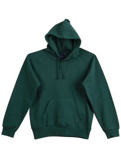 A green ladies' fleecy hoodie featuring a front pocket and a drawstring hood. It has a logo on the tag.