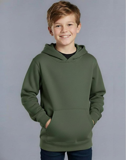A grey kids' fleecy hoodie with a front pocket and a hood, worn by a smiling child against a neutral background.