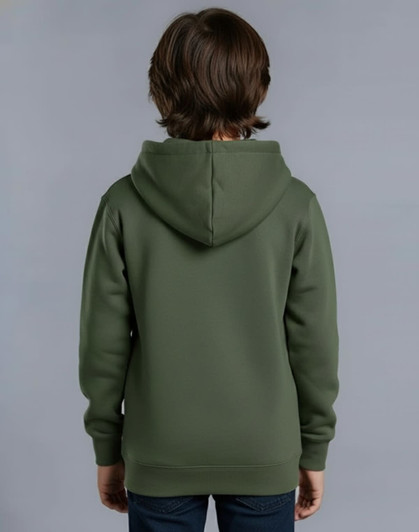 A green fleece hoodie for kids, featuring a close front design and a hood, shown from the back.