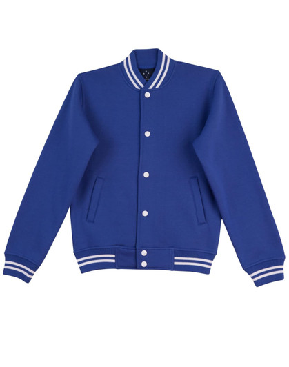 A blue fleece varsity jacket featuring contrasting white stripes and a logo. It has a button-up front and side pockets.