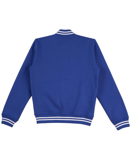 A blue adult's fleece varsity jacket with white striped cuffs and collar, featuring a logo on the back.