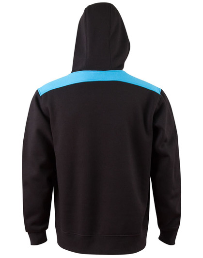 A black hoodie with a contrasting blue panel across the shoulders, featuring a hood and a logo.