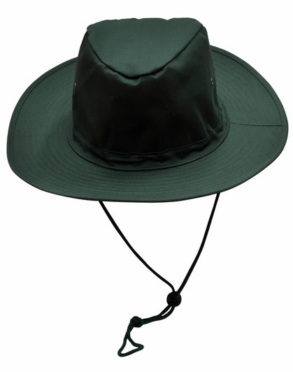 A green slouch hat with a wide brim, featuring a break-away clip and an adjustable chin strap.