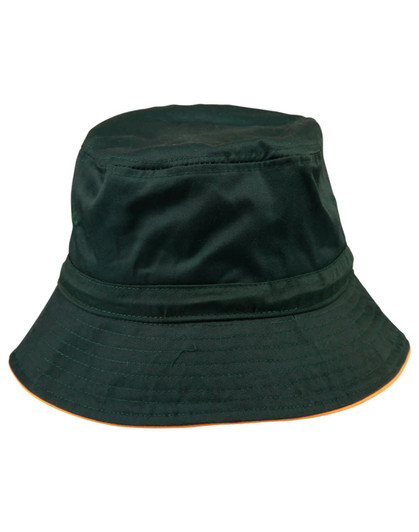 A green bucket hat with a slim brim and an orange underside. It features a logo on the side.