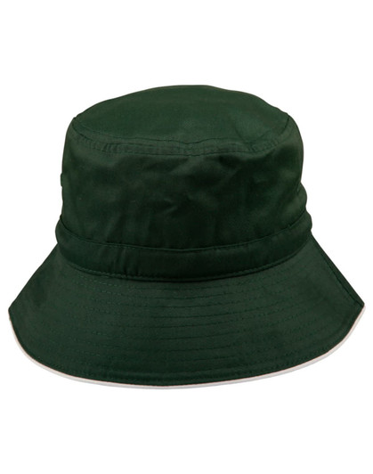 A green bucket hat with a wide brim and an adjustable toggle, featuring a logo.