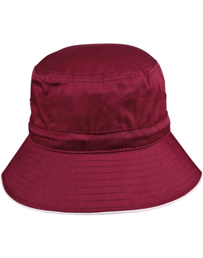 A red bucket hat with a wide brim, featuring a toggle and a logo.