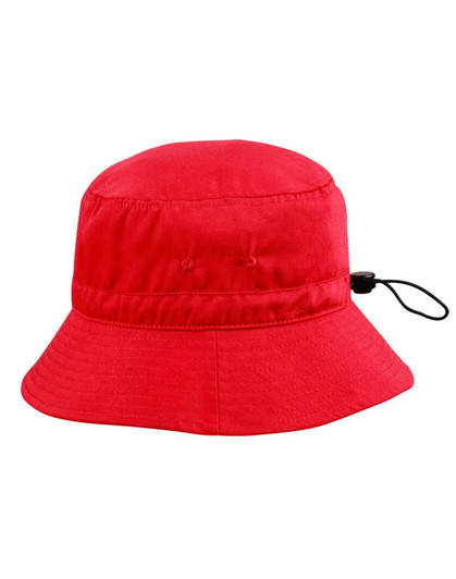 A red bucket hat with a toggle, featuring a wide brim and ventilation holes. The hat has a branding logo.