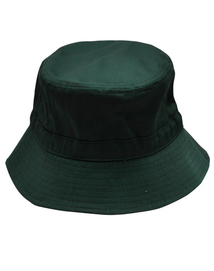 A dark green bucket hat featuring a wide brim and a toggle for adjustment. The hat includes a logo.