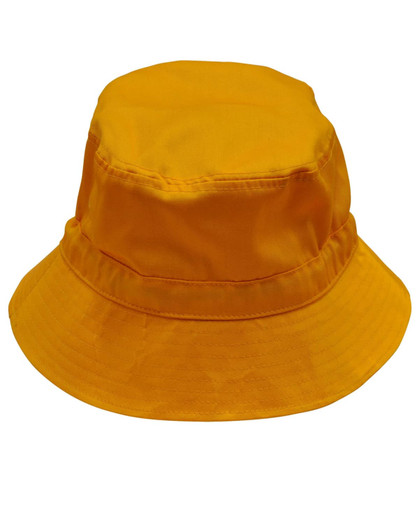 A yellow bucket hat with a toggle, featuring a wide brim and a simple design. It has a logo on one side.
