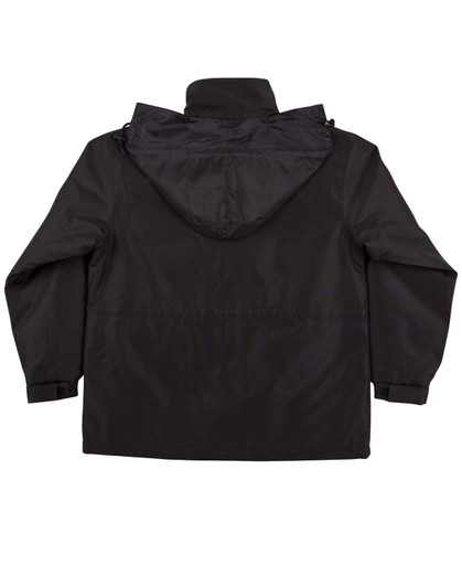 A black kids' contrast jacket with a hood, featuring a simple design and a logo.