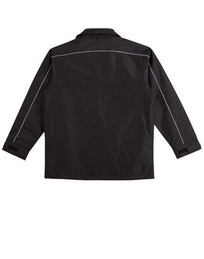 A black sport/racing jacket with white piping details and a simple design. It features a collar and long sleeves.