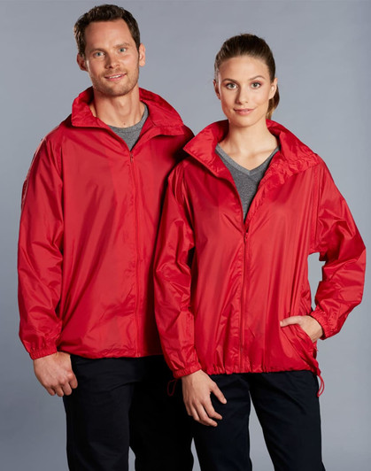 A red outdoor activity spray jacket featuring a zip-up front and adjustable cuffs, displayed on male and female models.