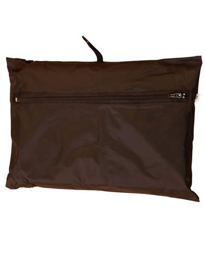 A black zippered pouch, ideal for storing outdoor activity spray jackets, featuring a simple design.