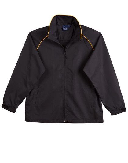 A black track jacket featuring yellow accents and a zip front. It has long sleeves and side pockets.