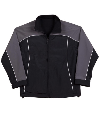 A black and grey reversible jacket with white contrast stitching and a zip closure. It features a logo on the chest.