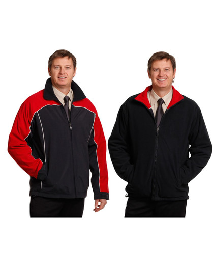 A reversible jacket featuring a black side with red accents and a fully black side. Includes a logo.