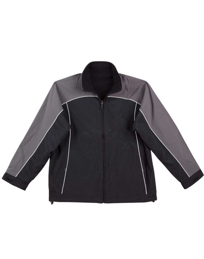 A reversible jacket in black and grey with contrasting design elements and a logo on the left side.