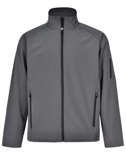 A grey men's softshell high-tech jacket featuring a zip front and two side pockets, with an additional pocket on the arm.