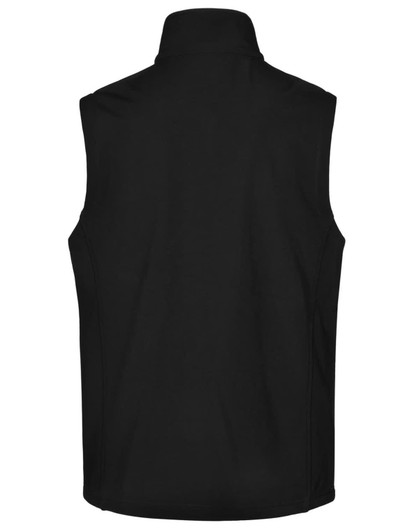 A black men's softshell hi-tech vest with a high collar and a smooth, sleek design.