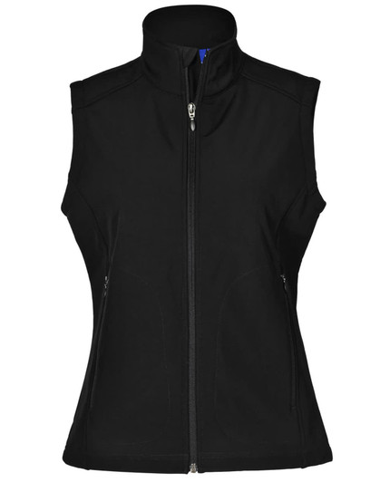 A black softshell hi-tech vest featuring a zip front and two side pockets, with a collar and a logo.