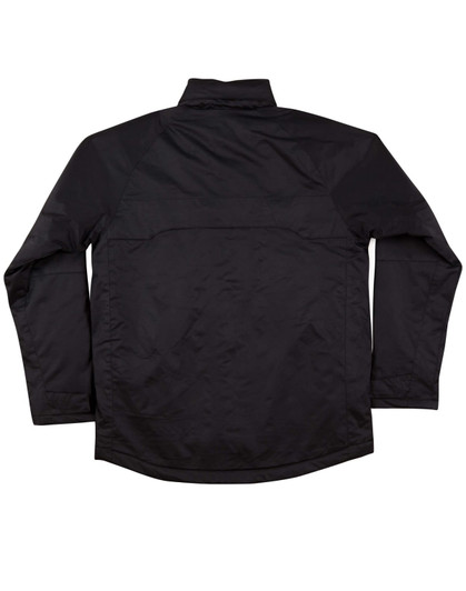 A black men's jacket with a collar and long sleeves, featuring a simple design and a logo.