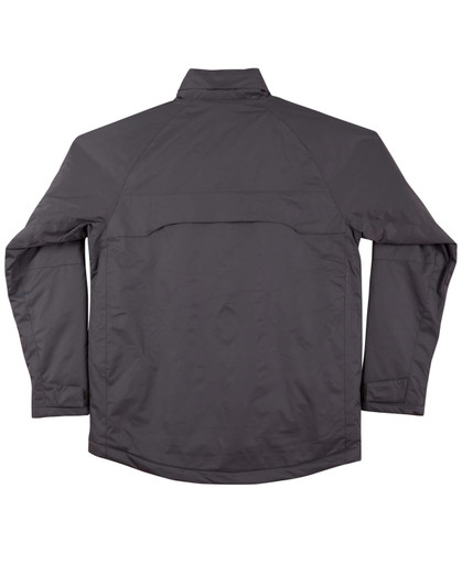 A black men's chalet jacket with a high collar and long sleeves, featuring a logo on the back.