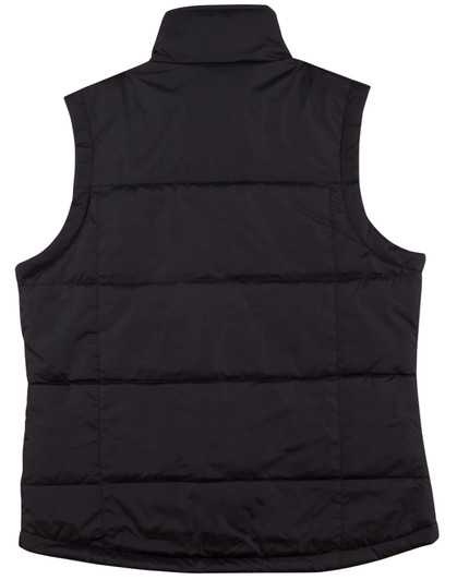 A black padded vest with a rip-stop texture, featuring a high collar and no sleeves. It has a branding logo.