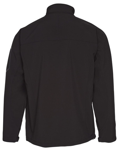 A black softshell jacket featuring a high collar and a logo on the sleeve. The back view displays a sleek design.