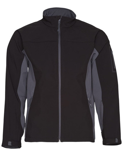 A men's softshell jacket in black with grey contrast panels, featuring a zip closure and side pockets.