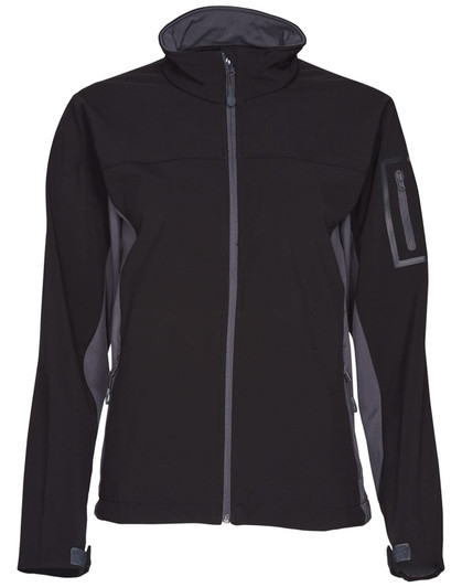 A black and grey softshell jacket with a zippered front, featuring a logo on the sleeve and a high collar.