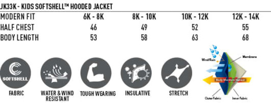 A Kids' Softshell Full Zip Hoodie in various sizes, featuring a logo, with water and wind resistant fabric.