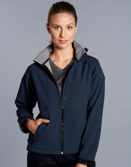 A navy ladies' softshell full zip hoodie featuring a grey inner lining and a zippered front. It has a logo on it.