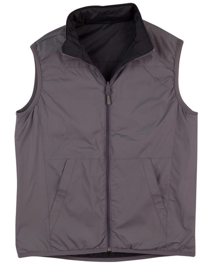 A grey versatile vest with a zippered front and two front pockets, featuring a collar and a branded logo.