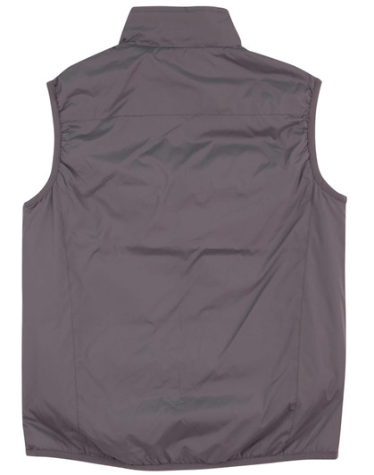 A grey ladies' vest featuring a collar and no sleeves, with gathered detail on the sides. It has a logo.
