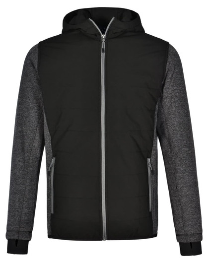 A men's jacket featuring a quilted body in black and grey with a hood and zippered front. It has pockets and a logo.
